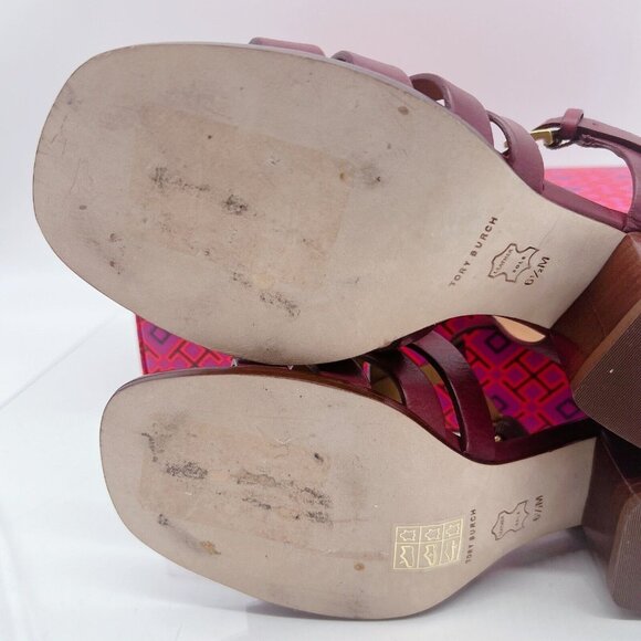 TORY BURCH FISHERMAN BLOCK HEEL SANDALS Claret Red Leather Womens US 6.5 - Picture 9 of 10
